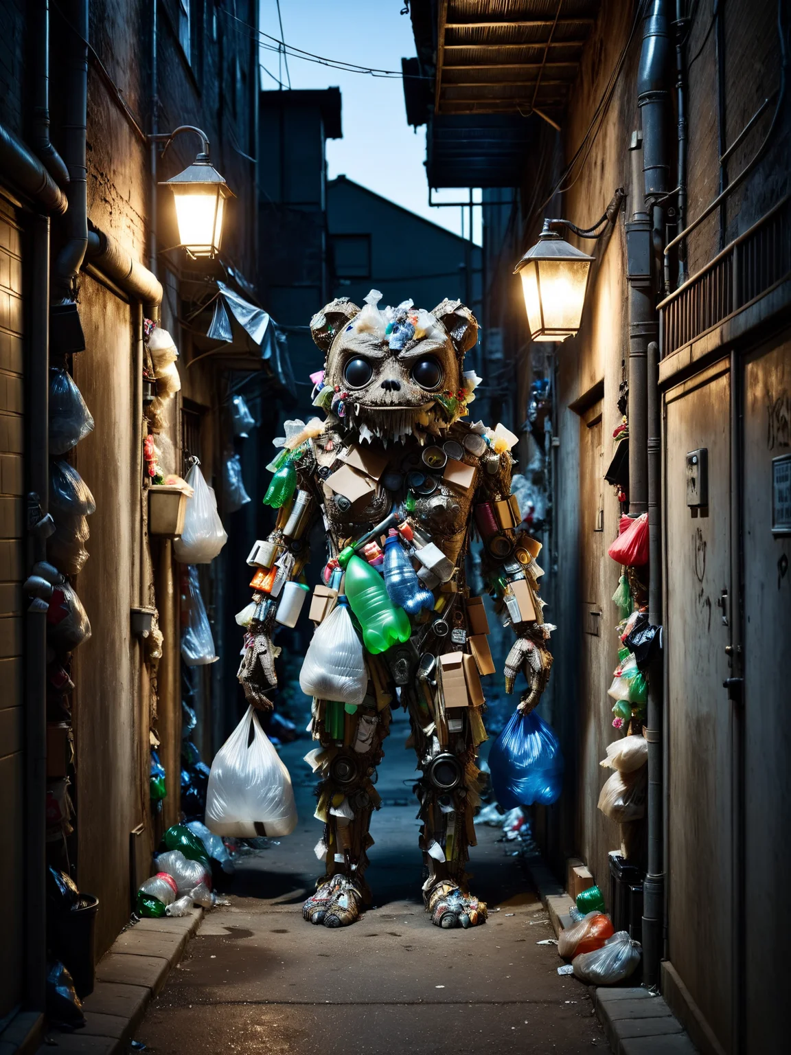 monster in dirty alley at night, mad-garbage, darkness, dimly lit <lora:Garbage_SDXL:1.0>, raw photo, film grain, Fujifilm XT3, (photorealistic, realistic:1.2), deep shadow,  8k, uhd, dslr, ultra high res