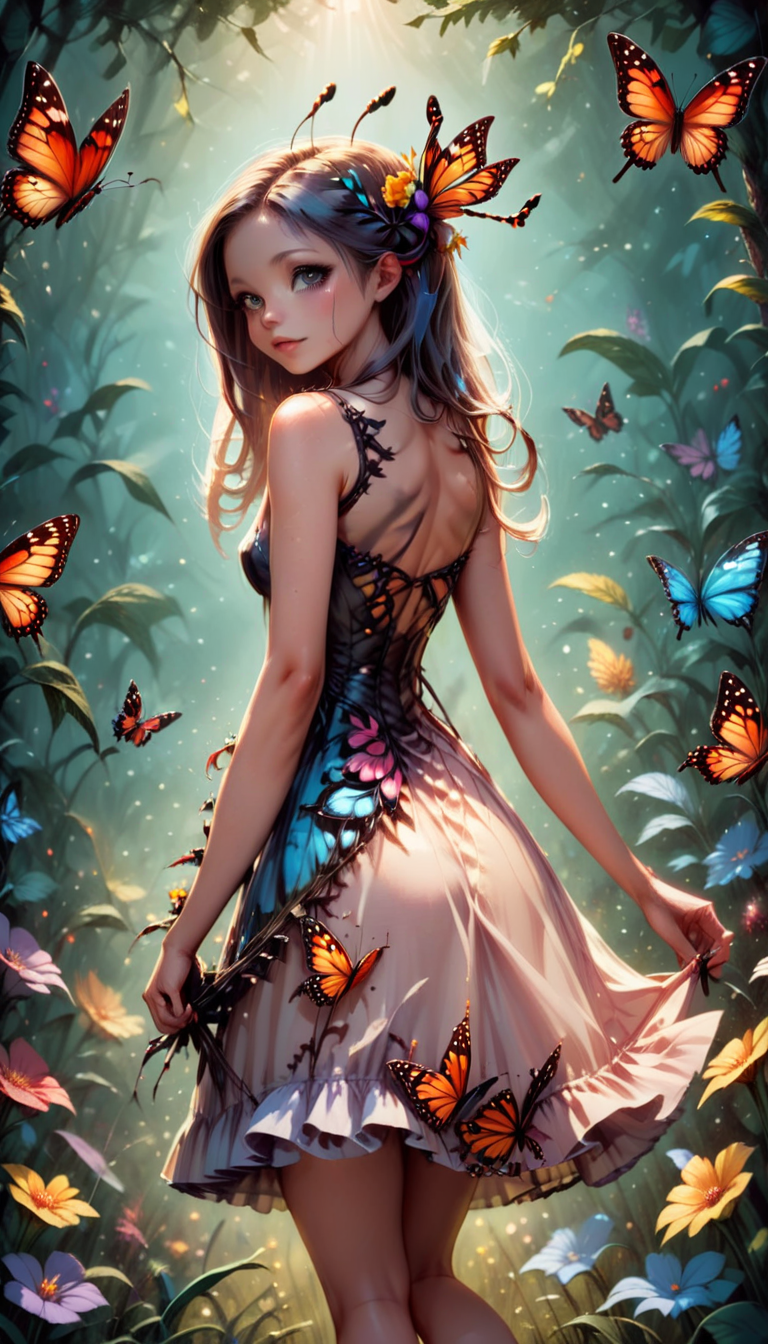 bestifacator, 1girl, solo, flower, butterfly, dress, bug