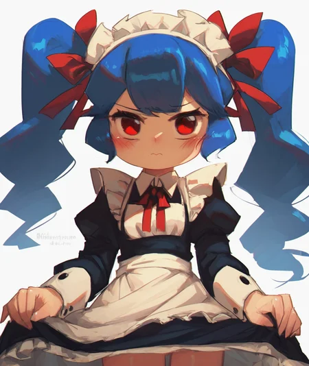 score_9, score_8_up. score_7_up, <lora:porforever:1> porforever,
1girl,maid apron,maid headdress,white background,red eyes,simple background,long hair,black dress,looking at viewer,twintails,blue hair,long sleeves,blush,closed mouth,juliet sleeves,red ribbon,white apron,puffy sleeves,neck ribbon,alternate costume,skirt hold,cowboy shot