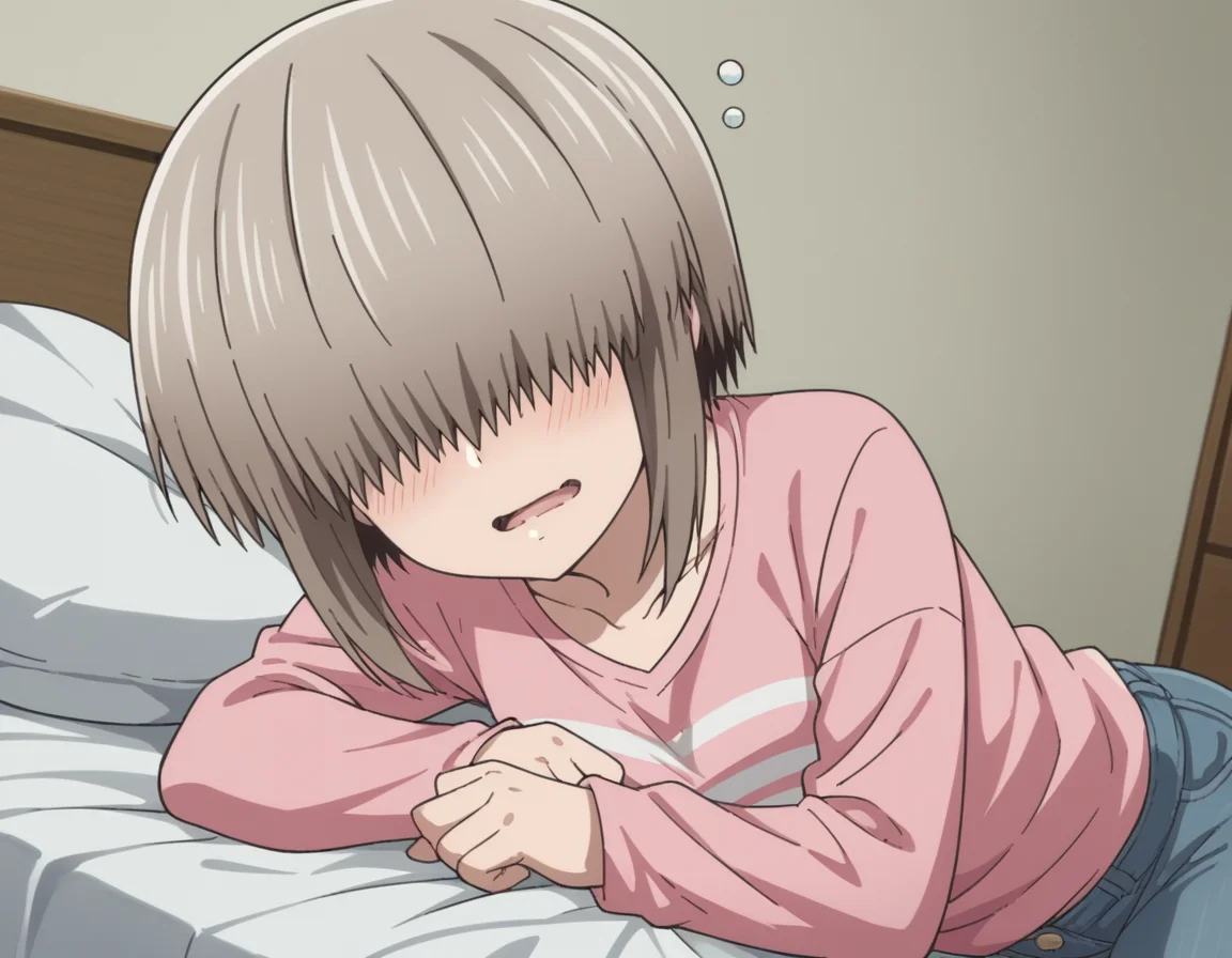 score_9, score_8_up, score_7_up, source_anime,
yanagiuzaki, <lora:yanagi-uzaki-s2-ponyxl-lora-nochekaiser:1>,
yanagi uzaki, short hair, bangs, grey hair, hair over eyes, covered eyes, long bangs, sidelocks,
shirt, long sleeves, pink shirt, collarbone, pants, denim,
indoors, bed, bed room, on side, blush, drunk,
looking at viewer, cowboy shot, solo, dutch angle,