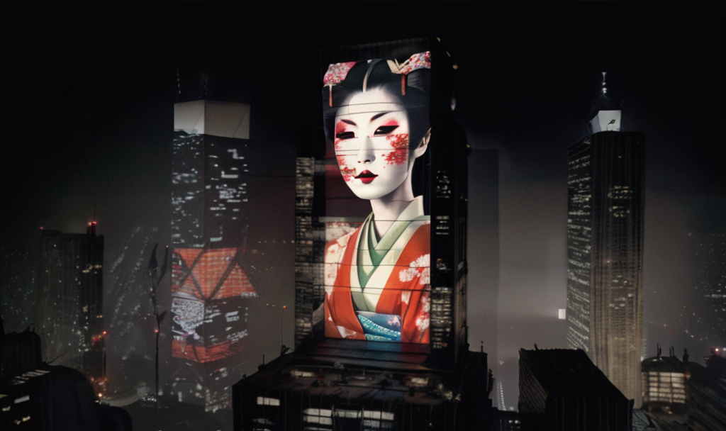 <lora:bldr:0.8>bldr geisha girl projected onto side of skyscraper with light