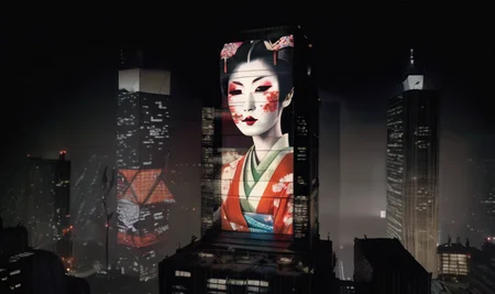 <lora:bldr:0.8>bldr geisha girl projected onto side of skyscraper with light