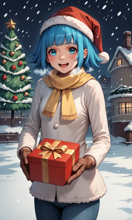 score_9, score_8_up, score_7_up, source_anime, cowboy shot, jovixd, 1girl, solo, blue hair, blue eyes, short hair, santa hat, white winter coat, fur trimmed coat, yellow scarf, pants, fur-trimmed gloves, smile, open mouth, cold breath, holding gift box, incoming gift, outstretched arms, outdoors, snowing, christmas tree, day, park, blush, facing viewer, looking at viewer