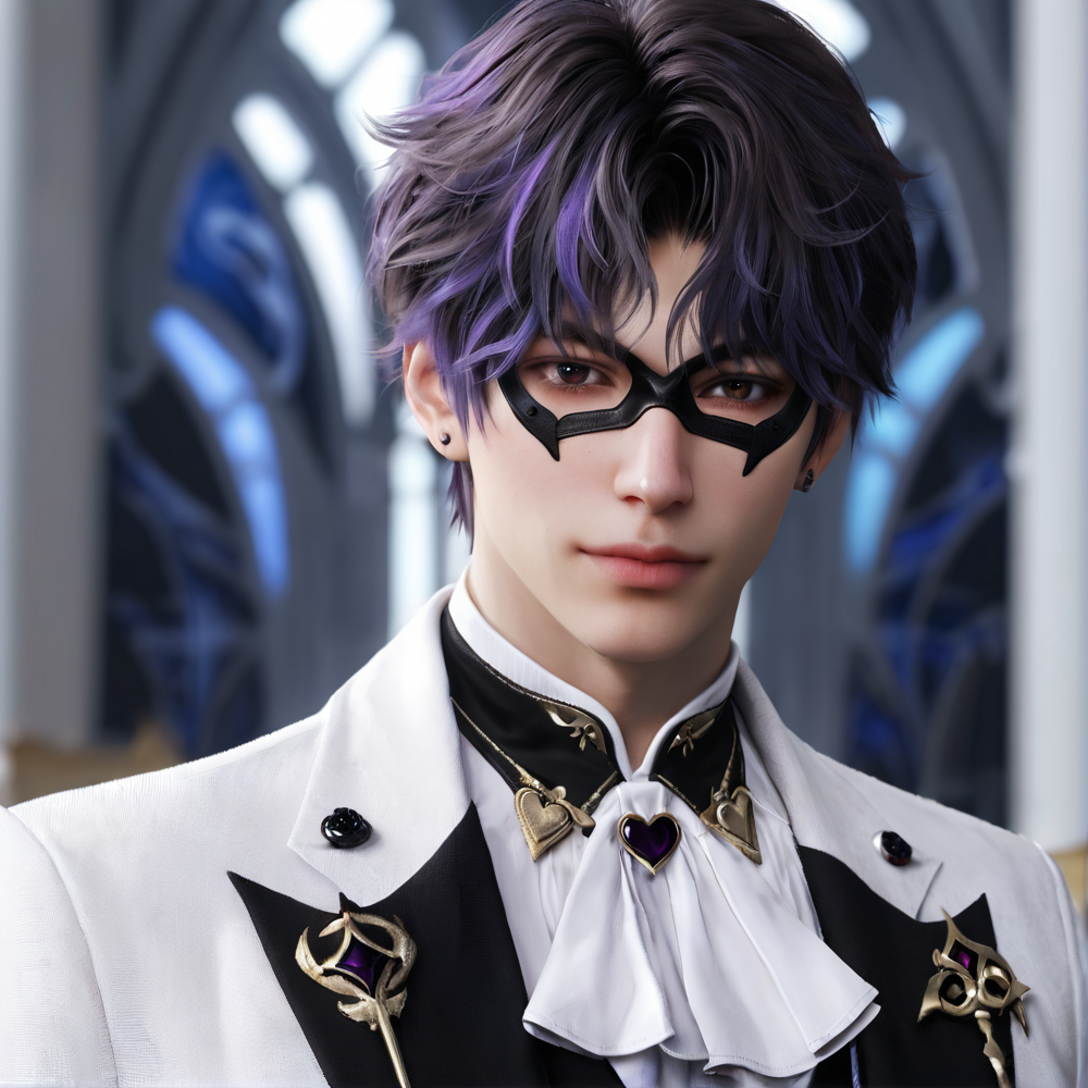 1boy,purple hair,black eyebrows,brown eyes,earring,(black domino mask:1.1),white jacket,(black patterns:1.1),grey vest,white ascot,heart pattern,white shirt,lapel pin,white pants,depth of field,gorgeous background,formal,indoors,looking at viewer,male focus,solo,masterpiece,best quality,high quality,detailed hair,detailed face,detailed skin,realistic,<lora:L&DsRafayel(ZQ)_v1.0:0.5>,