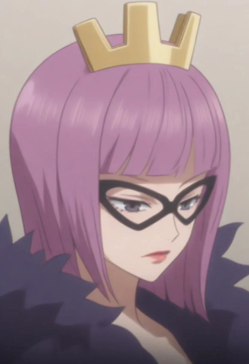 source_anime, anime screencap, source_anime, auratheguillotine, anime screencap, masterpiece, source_anime, shiny skin,,, KinderellaOP, 1girl, solo, tall woman, pink purple hair, bangs, bob cut, black eyes, lips, red lipstick, crown, long yellow dress, cleavage, dress with cutout, dark cape, wide hips, long light-colored gloves, eye-mask,