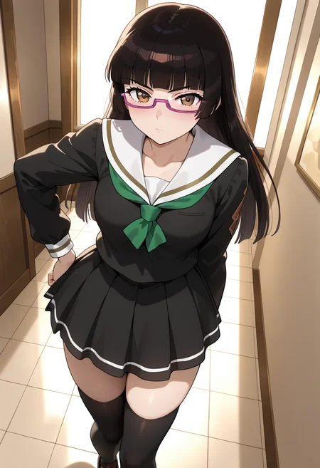 masterpiece, best quality, very aesthetic, absurdres, 1girl, solo,
<lora:chiaki_kurihara_v01:1>, chiaki_kurihara, chiaki_school, black hair, long hair, hime cut, brown eyes, under-rim eyewear, purple-framed eyewear,
black serafuku, green neckerchief, long sleeves, black skirt, plated skirt, black thighhighs, brown loafers, posing