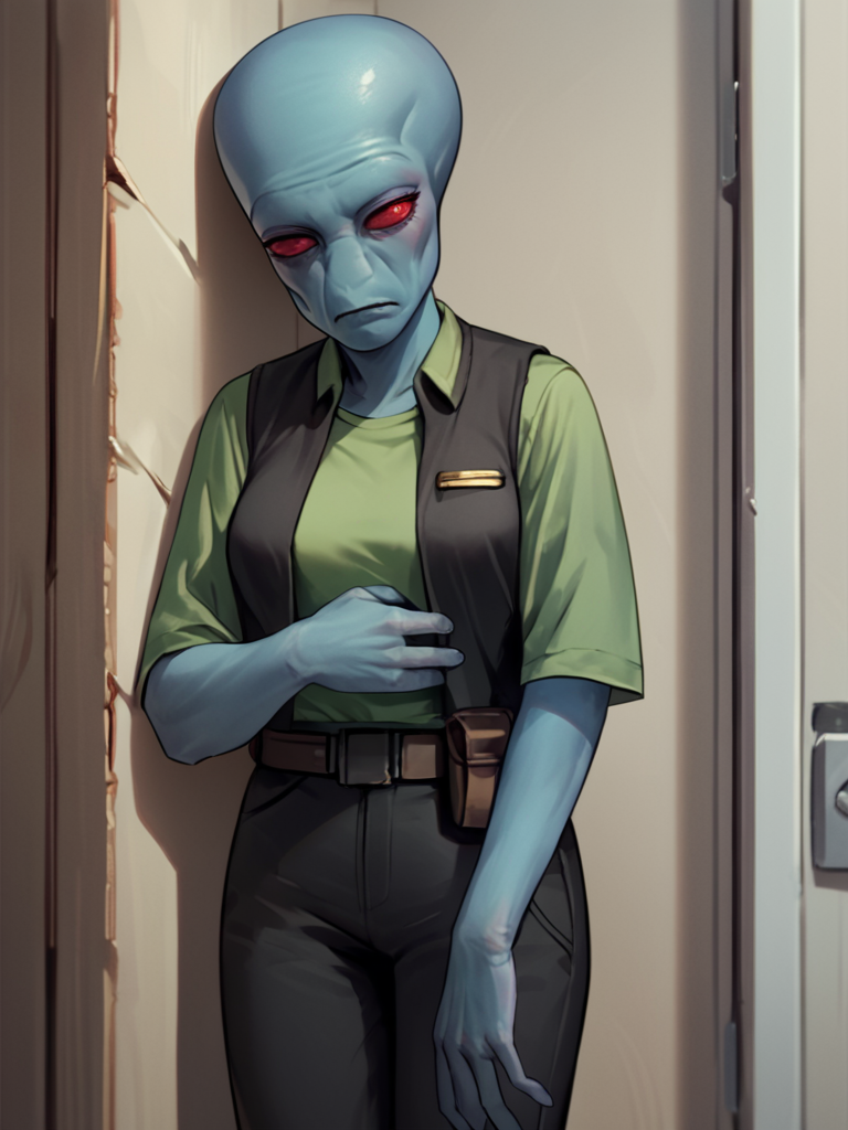 score_7_up, score_8_up, score_9, masterpiece, (1girl, solo,)perfect face, perfect hands, high quality, source_anime, cowboy shot, <lora:Duros_-_Star_Wars:1> duros, colored skin, alien, red eyes, blue skin, bald, hiding behind corner, black vest, green undershirt, black pants, utility belt, medium breasts,