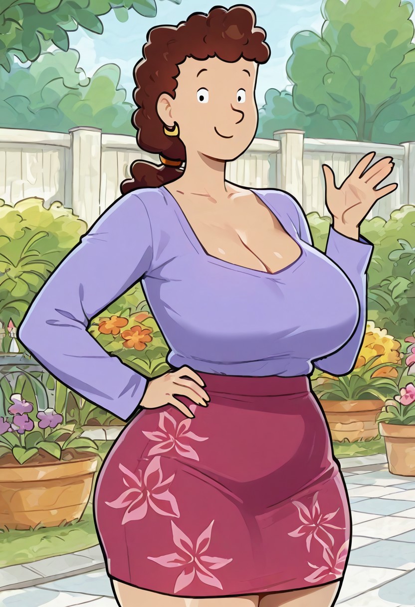 1girl, Mariella Lorraine, Brown Hair, Ponytail, Earrings, Black Eyes, Purple Shirt, Long Sleeves, Skirt, huge breasts, cleavage, wide hips, thick thighs, outdoors, garden, smile, looking at viewer, hand on hip, waving, detailed, masterpiece, bestquality, absurdres, ng_deepnegative_v1_75t, easynegative,