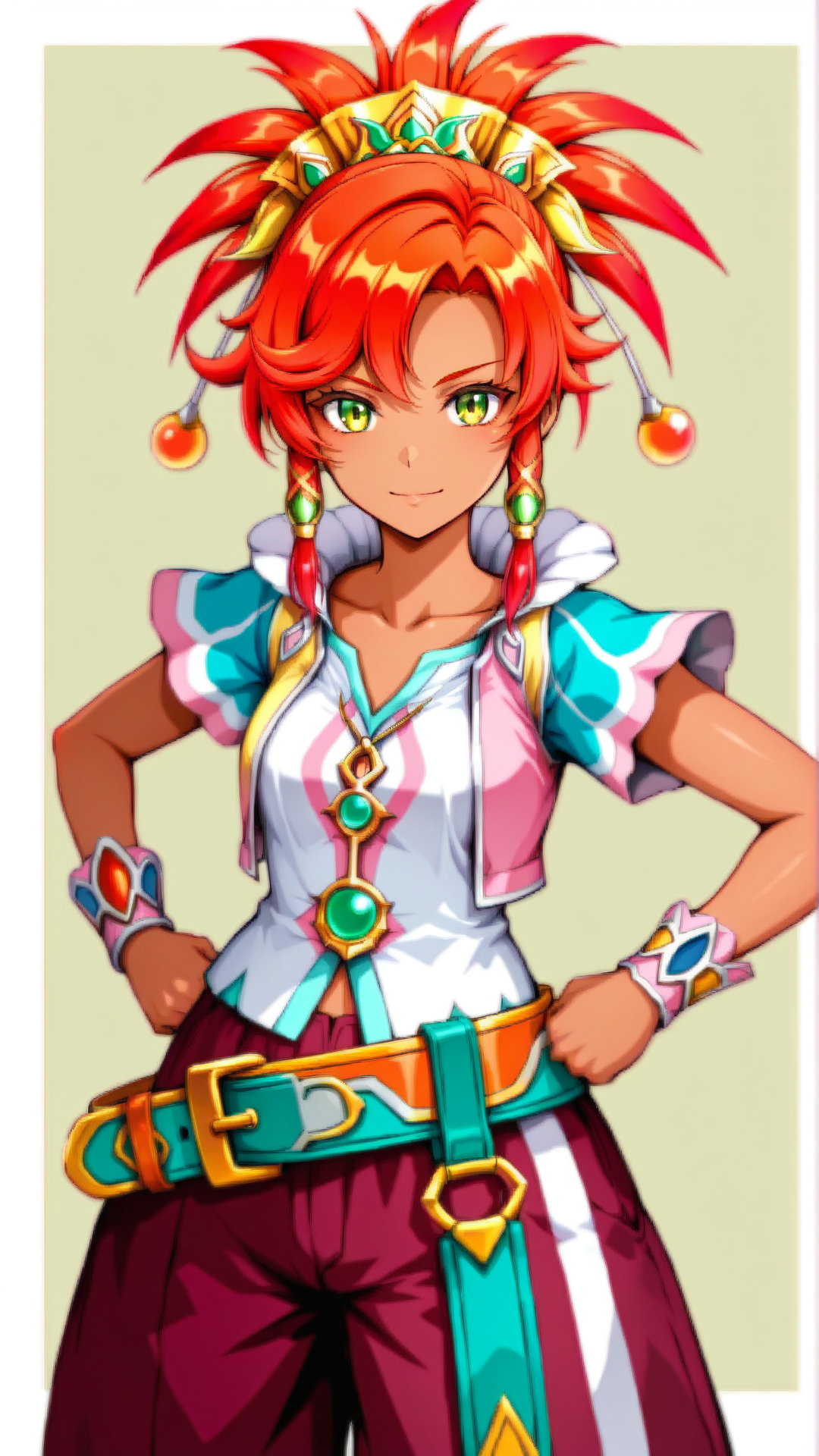 source_anime, general, best quality, masterpiece, 1girl,  <lora:Ogniana_ill_v1.0:1> ogniana,dark skin, red hair,headdress, hair ornament, baggy pants, belt, pants, puffy pants, jewelry,