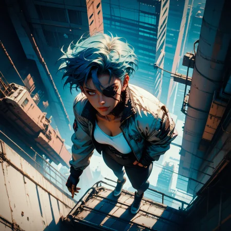 (score_9, score_8_up, score_7_up), (thick lineart, sharp edges, cel shading, linear hatching )
BREAK
cyberpunk, industrial park, grim, dark
BREAK
from above, full body, female, 1women, (dark-skinned female), blue hair, left eyepatch, sexually suggestive, climbing clothing, climbing gear, standing on top of a industrial rooftop,
<lora:Bad_Hands_lora:0.8> <lora:add-detail-xl:1> <lora:nostalgia:1>