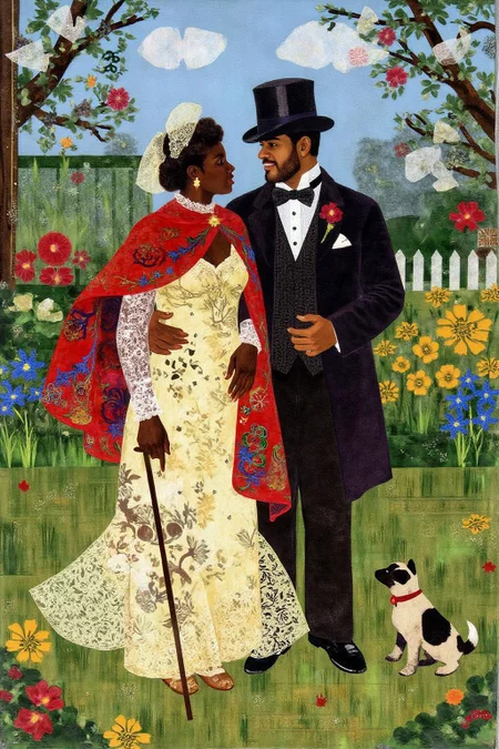 mixed media collage. The scene depicts a romantic, pastoral setting from the Victorian era, with a couple standing in a lush, vibrant garden. The woman, on the left, is dressed in a voluminous, cream-colored gown with intricate lace and floral patterns. She wears a red shawl draped over her shoulders, adorned with colorful, intricate embroidery. A little puppy is on the floor, looking up at the couple. The man wears a tuxedo and a black top hat. <lora:ekho_collage_nocap_d6a3e12:1.0><lora:824681910648247430:0>