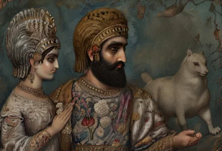 Cyrus the great is speaking in Babylonia:
a low person was put in charge of his country,
but he set a counterfeit over them.
He made a counterfeit of Esagil and for Ur and the rest of the cult-cities
Rites inappropriate to them, impure food- offerings disrespectful were daily gabbled,
and,
intolerably, he brought the daily offerings to a halt;
he interfered with the rites and instituted within the sanctuaries.
style of Qajar art, FastNegativeV2, green eyes, blue eyes, brown eyes, perfecteyes