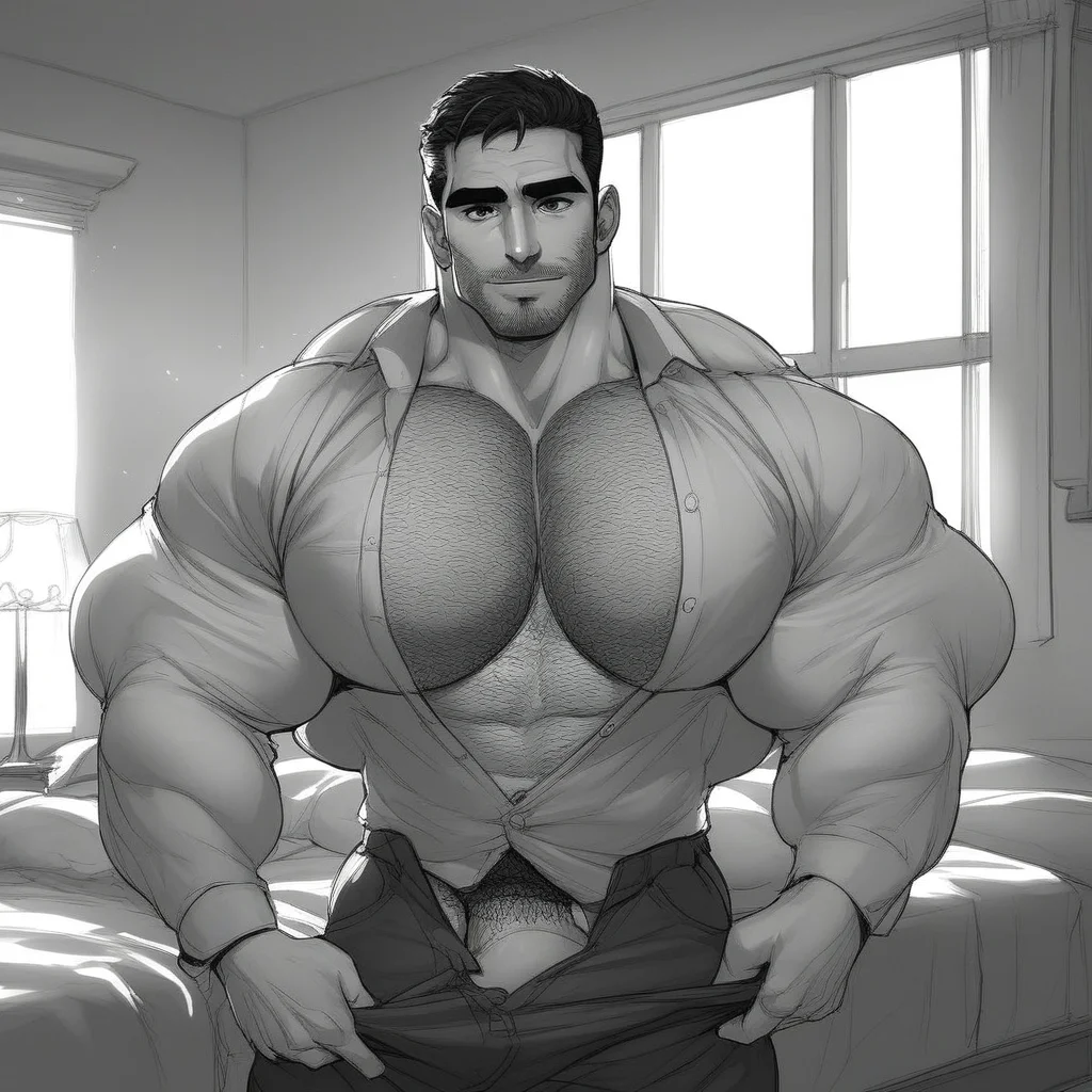 socre_9, sscore_8_up, score_7_up, 1boy, mature male, dark Hair, side burns, facial Hair, looking at viewer, hyper muscles, hyper pecs, Hairy, Hairy chest, undressing, clothes pull, pectoral cleavage, partially unbuttoned, in bedRoom, bedRoom back ground, window, courtains, lampshade
