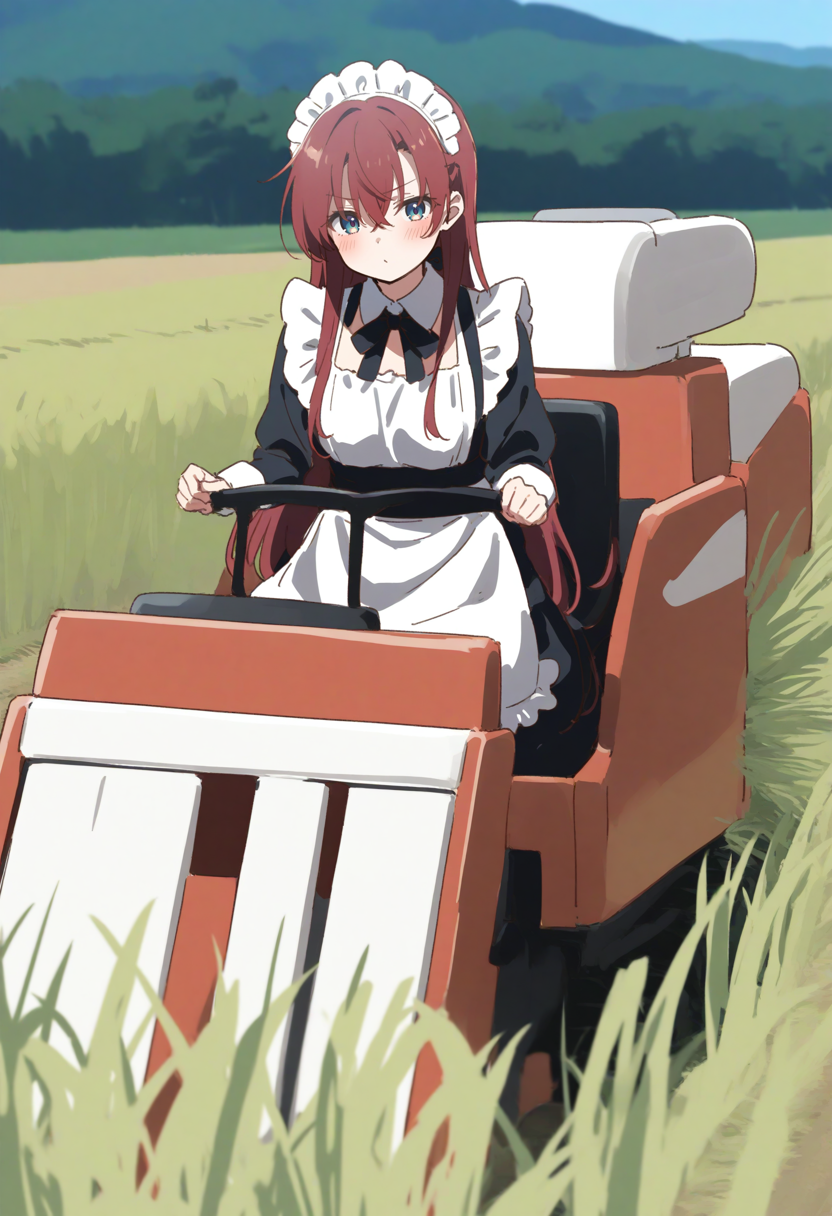 1girl,sincos, ningen mame, toosaka asagi,solo,medium breasts,20yo,maid,maid headdress,
combine harvester,ground vehicle,motor vehicle,grass,outdoors,day,sky,driving,sitting,field,<lora:combineharvester_XL_v1:0.7>
best quality, very aesthetic, absurdres