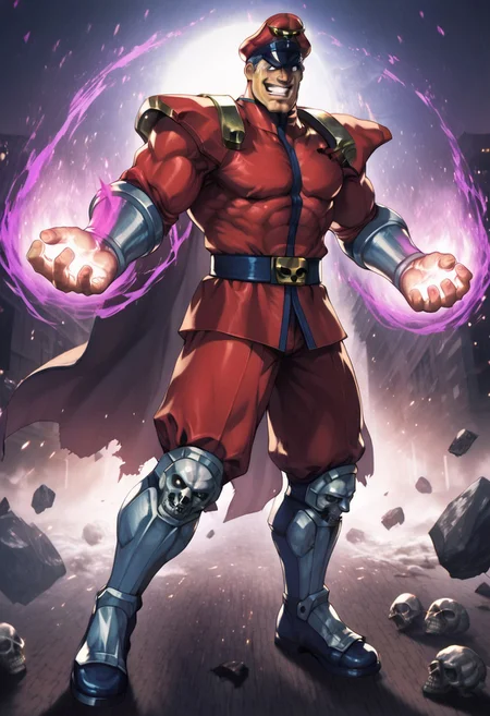 zPDXL3,RE_Engine,score_9_up,score_8_up,score_7_up,detailed,(best quality:1.2),digital media \(artwork\), BREAK, solo,best quality, 1boy, solo male, M bison, (street fighter), red uniform, red cape hat, grin, white eyes, peaked cap, silver skull pauldrons and gauntlets, grey hair, manly, military uniform, muscular, destroyed city, night, dynamic lighting, full body, floating, purple aura