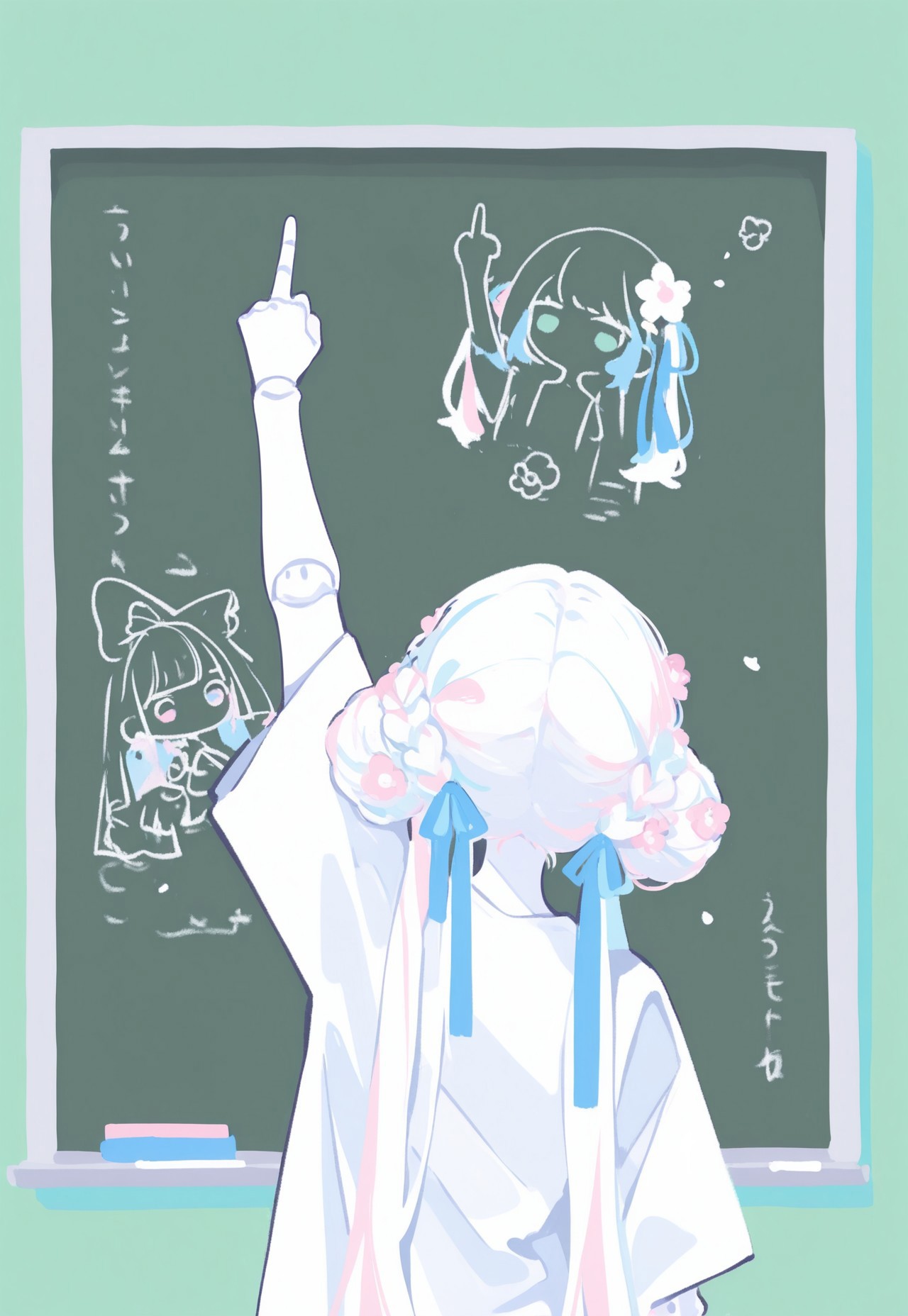1girl, doll girl, chibi girl, doll joints, white hair, long hair, braided bun, blue hair ribbons, pink hair flower, standing, arm up, outstretched arm, back view, upper body,  holding chalk, chalkboard, drawing \(action\), middle finger \(drawing\), green background, minimalism, (monochrome, negative space:1.2), white theme, painterly, limited palette, whimsical, no lineart, no outline, fine art, masterpiece, best quality, good quality, very awa, very aesthetic, absurdres, newest, ma1ma1helmes_b_illu,sketch