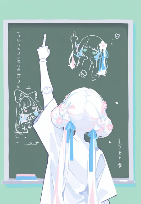 1girl, doll girl, chibi girl, doll joints, white hair, long hair, braided bun, blue hair ribbons, pink hair flower, standing, arm up, outstretched arm, back view, upper body,  holding chalk, chalkboard, drawing \(action\), middle finger \(drawing\), green background, minimalism, (monochrome, negative space:1.2), white theme, painterly, limited palette, whimsical, no lineart, no outline, fine art, masterpiece, best quality, good quality, very awa, very aesthetic, absurdres, newest, ma1ma1helmes_b_illu,sketch