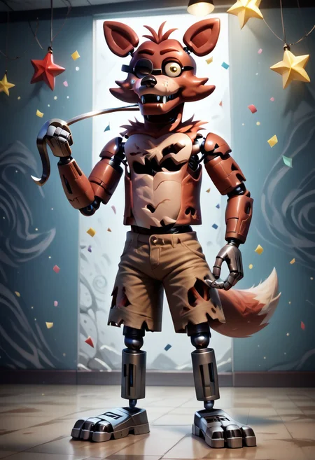 score_9, score_8_up, score_7_up, solo male, FoxyPirateFNAF1, yellow eyes, (hook hand:1.1), hook left hand, robot, withered animatronic, robot joints, animatronic, damaged body, red fur, brown shorts, torn clothing, chest tuft, head tuft, cheek tuft, shoulder tuft, metal legs, fox tail, fangs, biped, smirk, smug, grin, standing, bent legs, spread legs, full-length portrait, standing, cool, psychedelic background, star pattern, confetti, looking at viewer,
BREAK
highly detailed, shading, highres, Masterpiece, perfect lighting, zPDXL3, detailed background