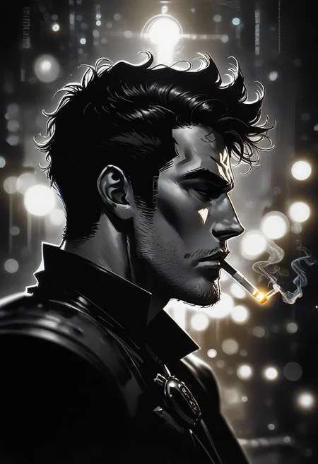 zPDXL2, score_9, score_8_up, score_7_up, source_anime, noir, portrait, mysterious goth man, night city, liting cigarette, best quality, dark theme, low light, best quality, sideview face in profile, face close up, bpe-illuminati, depth of field, dof, [[sketch]], lineart