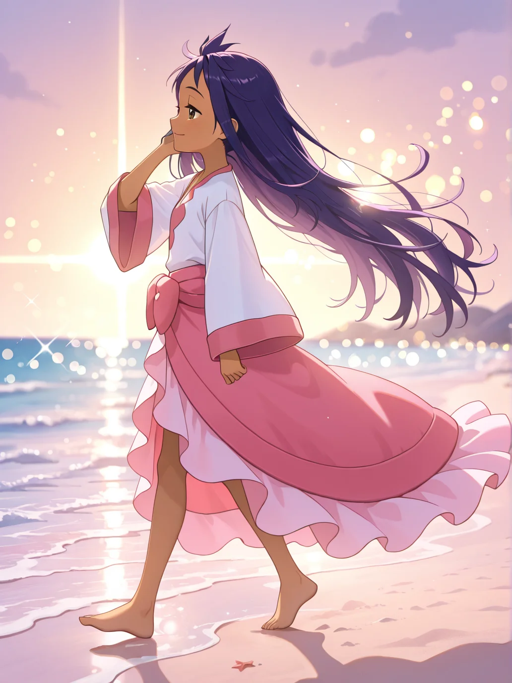 <lora:Magical_Pastel:0.7> magipas, magical, fantasy, magic lights, glowing, floating lights, shiny, bokeh, bloom, sparkle
1girl,  walking, beach, sand, barefoot, wind, hand in own hair, smile, half-closed eyes,  from side,looking at another,
<lora:iris_champion_2:0.9> iri5cham1on,dark-skinned female, dark skin, brown eyes,
purple hair, very long hair, (alternate hairstyle,:1.3)  (straight hair,:1.2)
white shirt, pink v-neck,  pink sleeve cuff,
middle pink ribbon,pink skirt, light pink skirt edge,, masterpiece, high quality, absurdres, best quality, very aesthetic, newest,