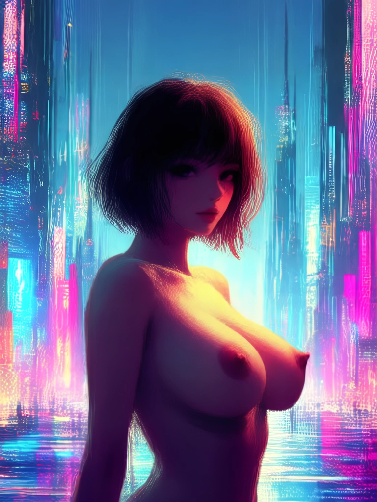 An animated painting in impressionistic style with bold brush strokes about the side silhouette of a beautiful woman with pretty eyes and shorter brown hair and large bare breasts with large nipples in a cyberpunk city with gigantic neon lit buildings. She turns her head directly at the viewer.
