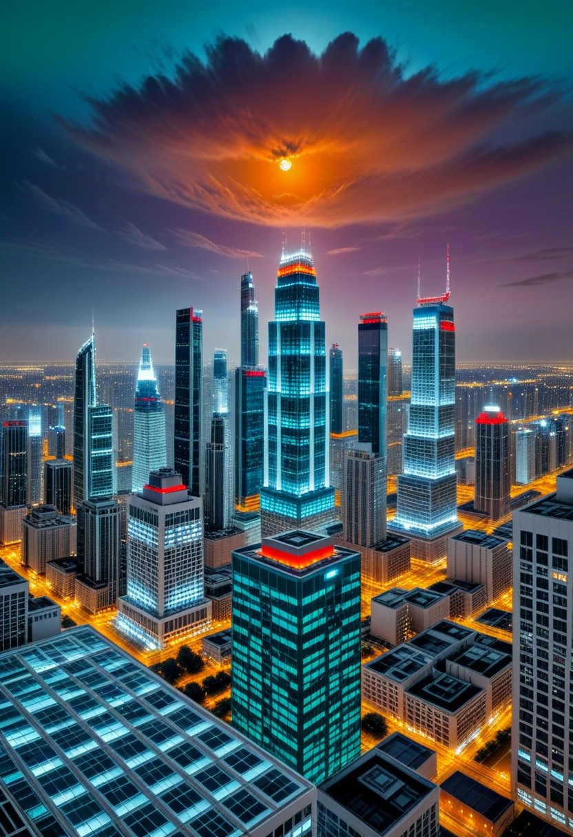 panorama view from the roof of a skyscraper.
dark-orange cloud lumened by city, bright moon, dark-gray-purple sky; sky scrapers square and rectangular skyscrapers with white frequent square windows, shades of skyscraper windows: light green, light blue, dark blue, dark turquoise. The roofs of skyscrapers from dark squares to squares are illuminated with a dim blue square border, some of the skyscrapers are topped with red lights in the corners, one skyscraper with a red diode above it warning aircraft and place yourself on picture
