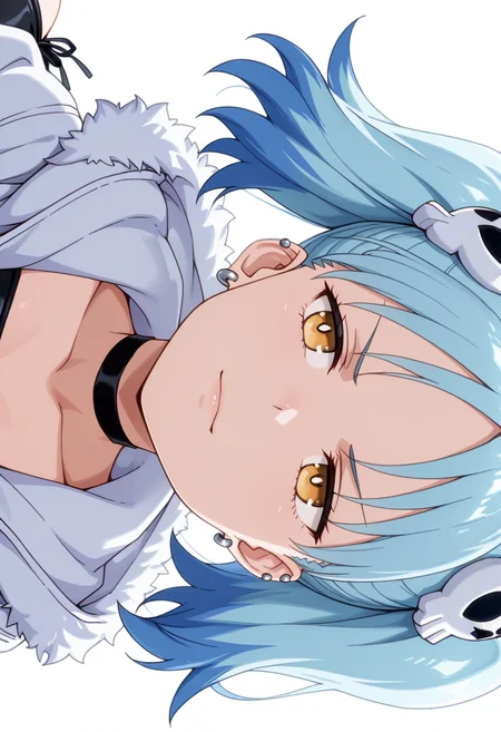 masterpiece,high quality details, absurdres,
<lora:Izutsumi_Marín:0.8>
izutsumi_cnr, 1girl, blue hair,yellow eyes, multicolored hair, skull hair ornament, twintails, black choker,ear piercing,, simple background, white background, sideways,solo,, light smile,scowl,, . .,, ultra realistic, high detailed skin,, parka,corset top ,single leg pantyhose, ,side-tie legwear,