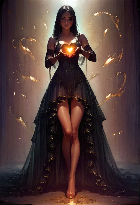 score_9, score_8_up, score_8, full body, sorceress, solo, black dress, black lace gloves, petite body, black hair, holding a glowing golden heart, elegant, graceful <lora:pony/twilight_style:0.8> concept art, realistic <lora:sdxl/princess_xl_v2:0.8> <lora:sdxl/sinfully_stylish_sdxl>