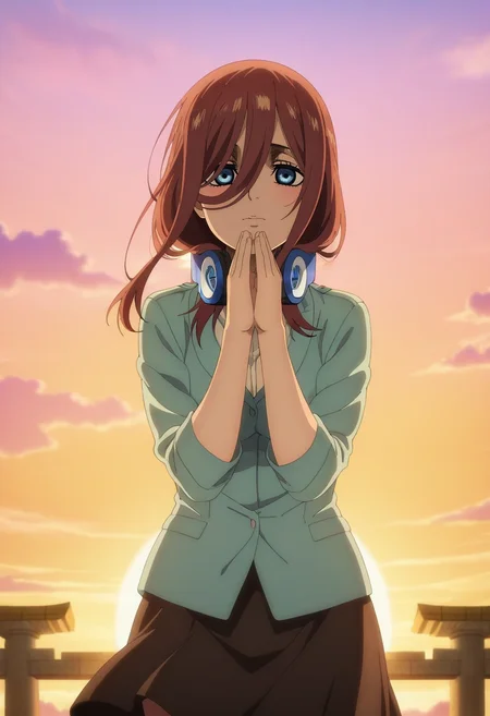 masterpiece, best quality, anime screencap, anime coloring, official style, , looking at viewer, 1girl, nakano miku, blue eyes, brown hair, solo, floating temple, cloud pillars, sky bridges, wind chimes, worship pose, serene expression, sunrise, <lora:shingeki_no_kyojin_s4_style_ilxl:1>, shingeki_no_kyojin_s4_style
