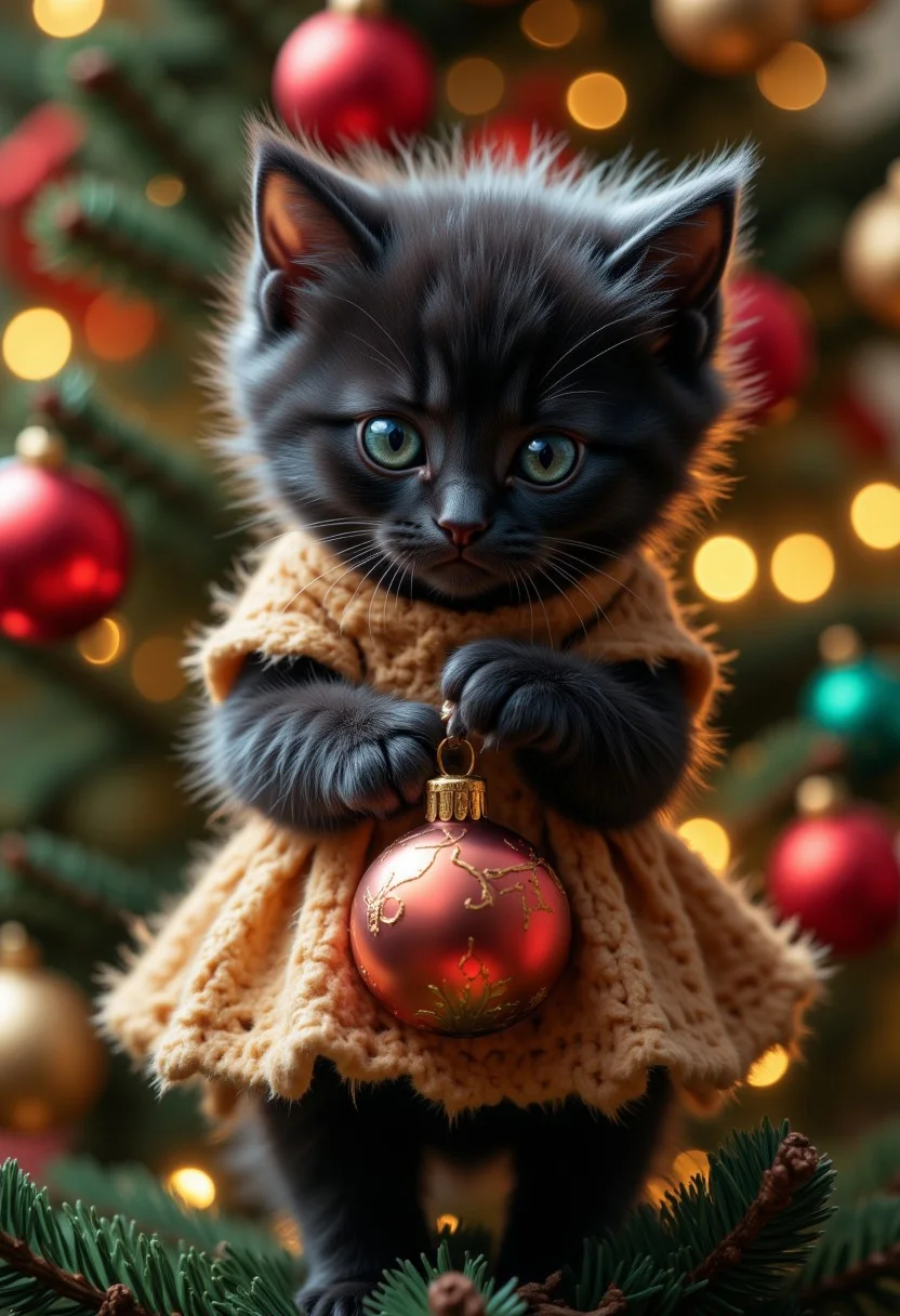 A cute black kitten wearing a dress is standing on the Christmas tree, holding an ornament in its paws and playing with it. The background features colorful decorations., detail texture, detail skin, ultra resolution, ultra quality.
