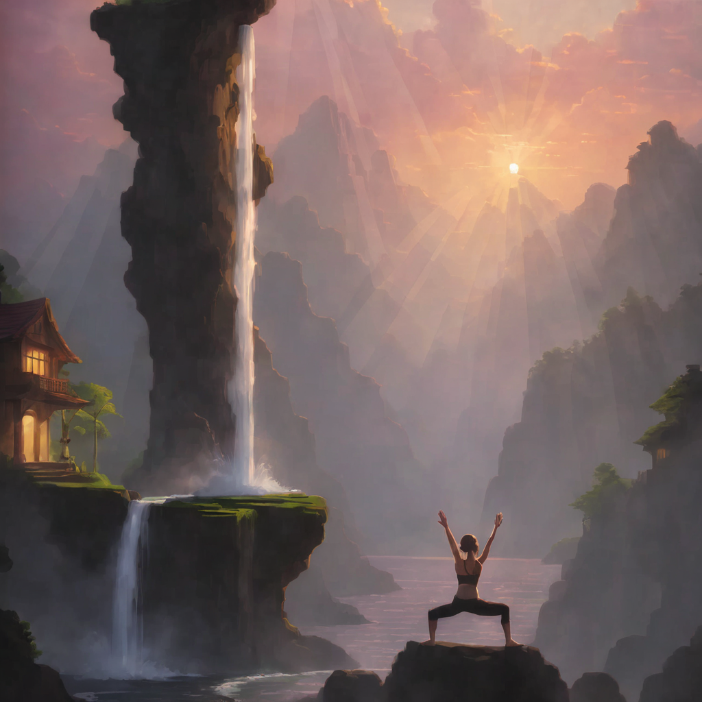 <lora:ge0g1yph1ks:0.75>ge0g1yph1ks yoga cliff waterfall sunset