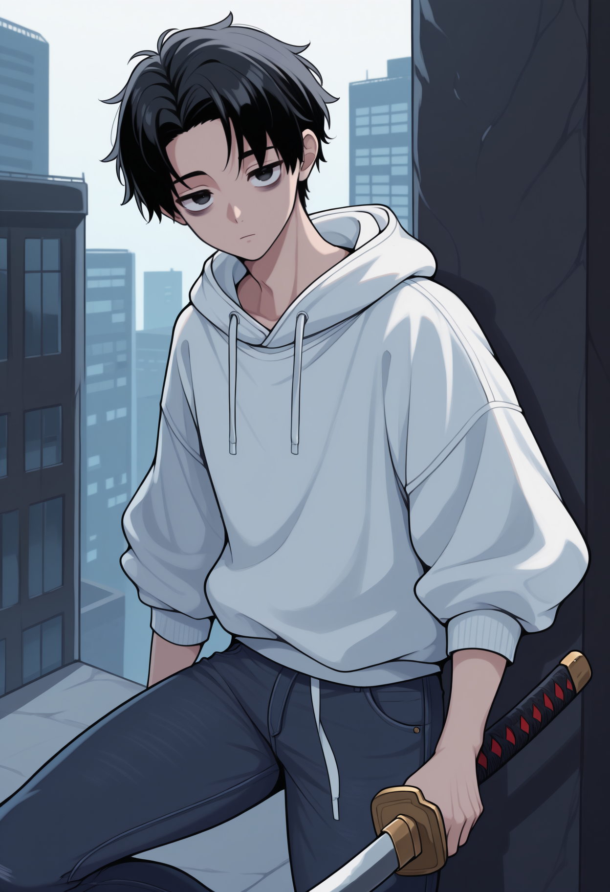 anime, masterpiece, best quality, <break> cowboy shot, solo, male focus, 1boy, okk0tsu, expressionless, looking at viewer, standing, holding sword, katana, knee up, short hair, black hair, parted bangs, black eyes, bags under eyes, white hoodie, hood down, sleeves pushed up, jeans, outdoors, city
<segment:yolo-Anzhc Face seg 640 v2 y8n.pt,0.4,0.5//cid=1>