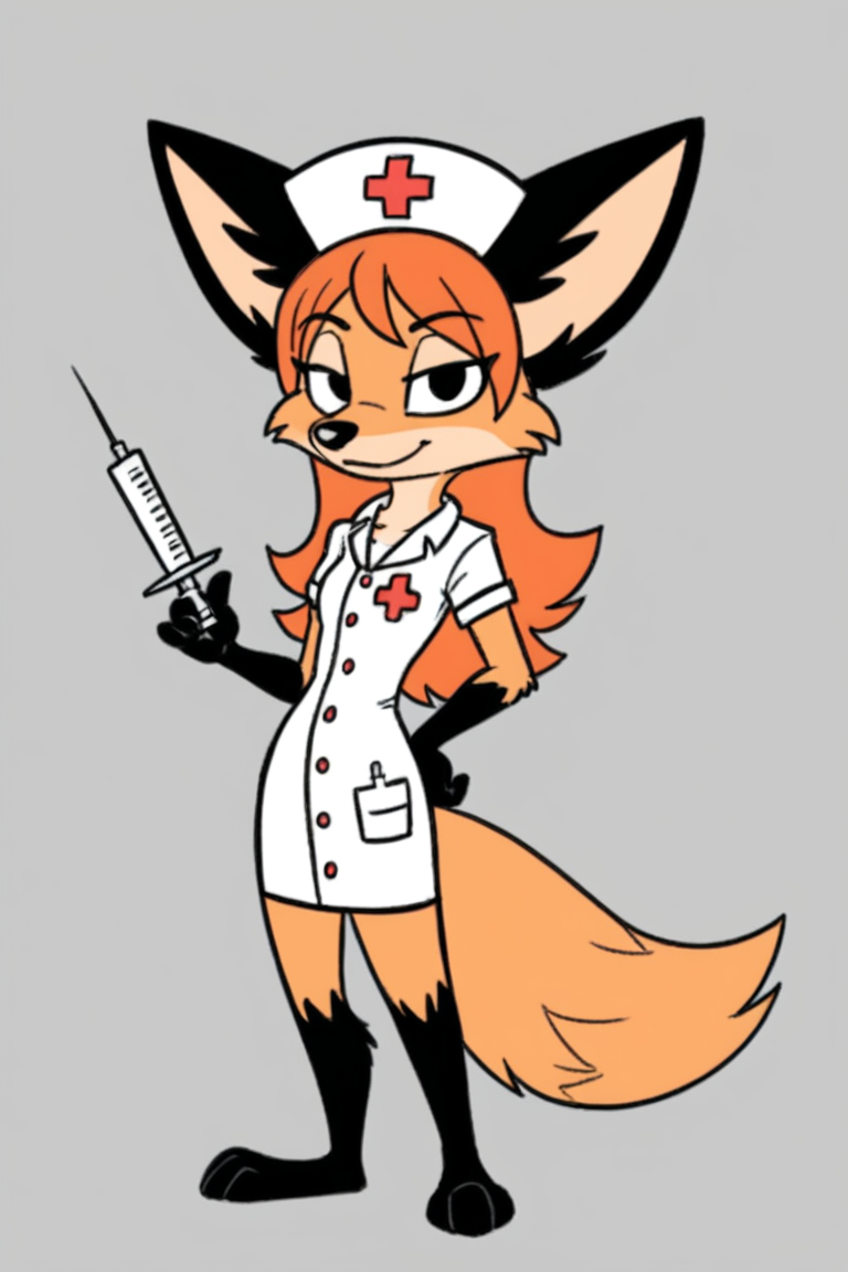4utumn_p, (solo), petite, small, black arm, fox tail, fox, body fur, sketch,
full body, animal nose, snout,
orange hair,
nurse costume, holding syringe, looking at viewer, nurce hat, 
 <lora:Autumn_from_Precocious-000006:0.7>
