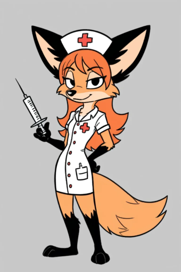 4utumn_p, (solo), petite, small, black arm, fox tail, fox, body fur, sketch,
full body, animal nose, snout,
orange hair,
nurse costume, holding syringe, looking at viewer, nurce hat, 
 <lora:Autumn_from_Precocious-000006:0.7>