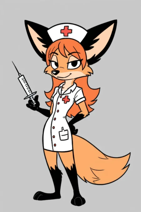 4utumn_p, (solo), petite, small, black arm, fox tail, fox, body fur, sketch,
full body, animal nose, snout,
orange hair,
nurse costume, holding syringe, looking at viewer, nurce hat, 
 <lora:Autumn_from_Precocious-000006:0.7>
