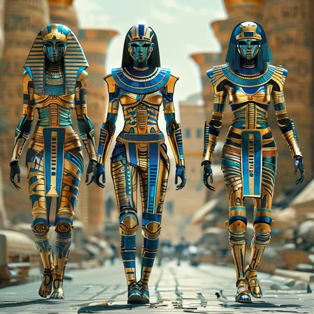 pharaotech cyborgs on the streets of ancient city<lora:pharaotech:1>