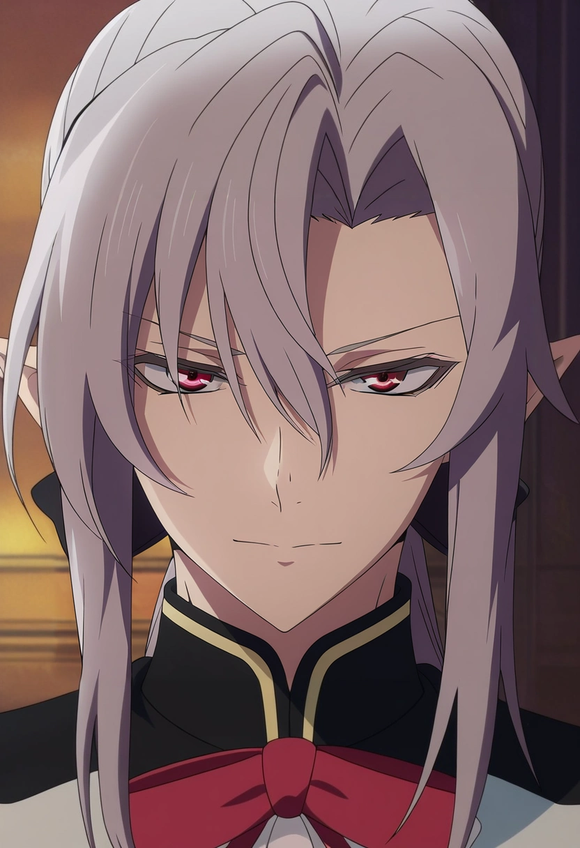 masterpiece, best quality, intricate details, anime screencap, anime coloring, official style, looking at viewer, 1boy, solo, male focus, <lora:ferid_bathory_ilxl:0.92>, ferid_bathory, grey hair, red eyes, long hair, hair between eyes, pointy ears, ponytail, ,