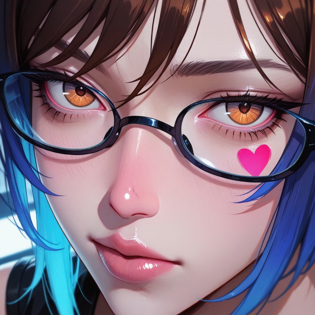 score_9, score_8, score_7, score_6, score_5, score_4, oil portrait 1girl, solo, 
Rounded face, pointy nose, big lips, nice lips, porcelain skin, cute brown eyes, big eyes, skinny, small breasts, small hips, short hair, dishelved hair, brown hair, inner blue hair, blue highlights hair, blue bangs hair, blue highlight bangs, straight hair, blue side bangs, glasses. Pink heart tattoo, pubic tattoo.
Black croptop, underboob, extremly short pants, pijama pants,, black glasses, looking at viewer, lowered pants, Expressiveh,
On gamer chair, holding game controller, blushing, head to toe view, dark game room background, monitor at background, neon
Shy face, looking at viewer, tired face, eyebags, dishelved appance, tired
Dynamic pose , hole body, pose, r,  dynamic angle, day, dynamic light, neon light, 
Highres, vey detailed, amazing quality, maserpiece ,very aesthetic
(realistic:1.2), (lineless:1.2), detailed, <lora:Detailer_NoobAI_Incrs_v1:0.75>, , aged up, adult, depth of field, , blurry, cheekbones, dynamic lighting