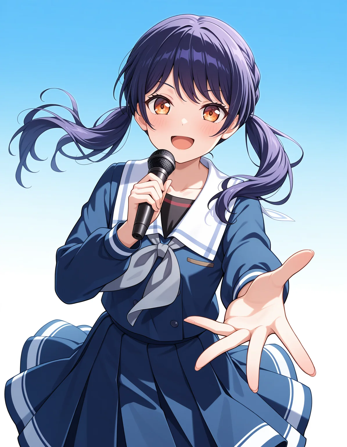 <lora:futaba_tsukushi_illuXL:1>, futaba tsukushi, 1girl, solo, tsukinomori school uniform, smile, school uniform, pleated skirt, open mouth, :d, shirt, long sleeves, white sailor collar, blue skirt, finger gun, reaching towards viewer, holding microphone, blue serafuku, blue shirt, looking at viewer, collarbone, blush, standing, grey neckerchief, white background, gradient background,, very awa, masterpiece, best quality, highres, absurdres, newest,