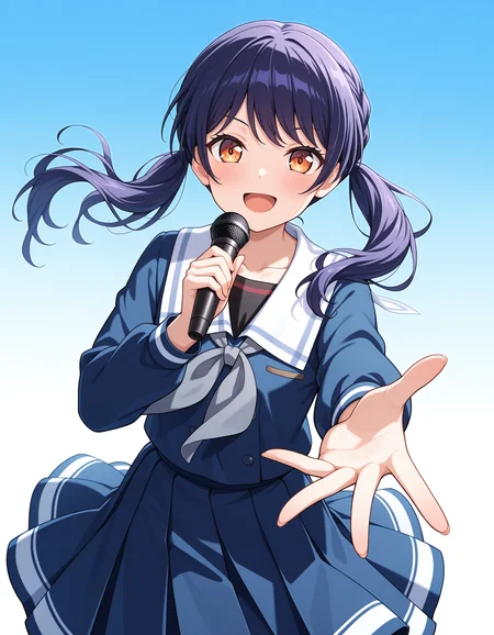 <lora:futaba_tsukushi_illuXL:1>, futaba tsukushi, 1girl, solo, tsukinomori school uniform, smile, school uniform, pleated skirt, open mouth, :d, shirt, long sleeves, white sailor collar, blue skirt, finger gun, reaching towards viewer, holding microphone, blue serafuku, blue shirt, looking at viewer, collarbone, blush, standing, grey neckerchief, white background, gradient background,, very awa, masterpiece, best quality, highres, absurdres, newest,
