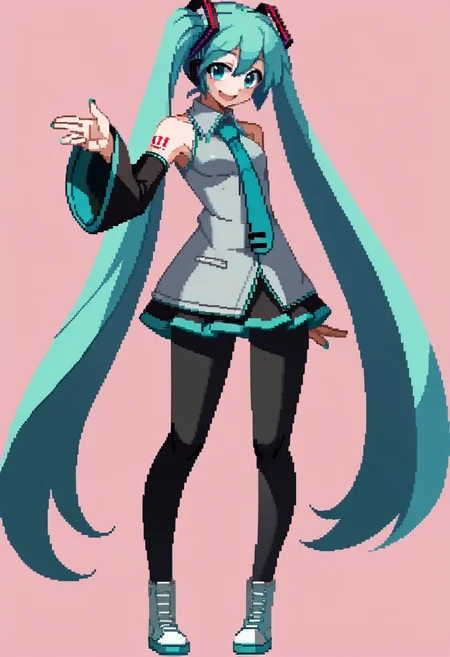 score_9, score_8_up, score_7_up, source_anime, BREAK, solo, 1girl, smile, looking at viewer, <lora:Under-Night-In-Birth-SpritesV2-pdxl_Fp:1>, simple background, full body, standing, hatsune miku, black pants,