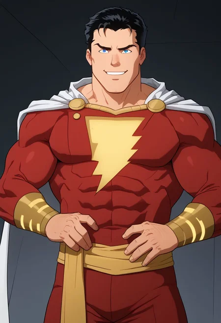High Quality,  Shazam,  solo, 1man,  black hair, blue eyes, red suite, white cape, red hero suite, muscle body,  mischievous look, mischievous smile, drugged, sticking out the finger,