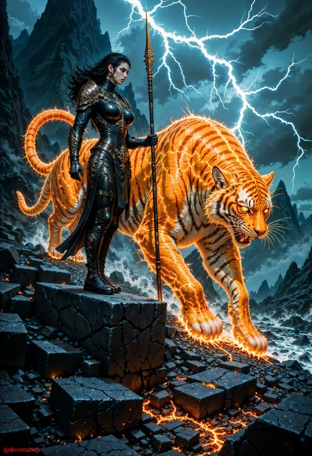 An1meL1nes, A warrior stands on a rocky mountainside, her silhouette illuminated by the jagged forks of lightning tearing across the stormy sky. Her armor is sleek and metallic, etched with glowing runes that pulse in sync with the tempest. Beside her prowls a massive lightning tiger, its fur crackling with electric energy, glowing stripes arcing like bolts of pure power. The tiger's eyes blaze with an intense golden light, and its growl reverberates like thunder. The woman's piercing gaze matches her companion's ferocity, her hair whipping in the wind as she raises a spear tipped with an electrified blade. The mountains are shrouded in swirling clouds, and the ground beneath their feet is scorched and crackling with residual sparks, a testament to their untamed power. <lora:FluxMythAn1meL1nes:1>