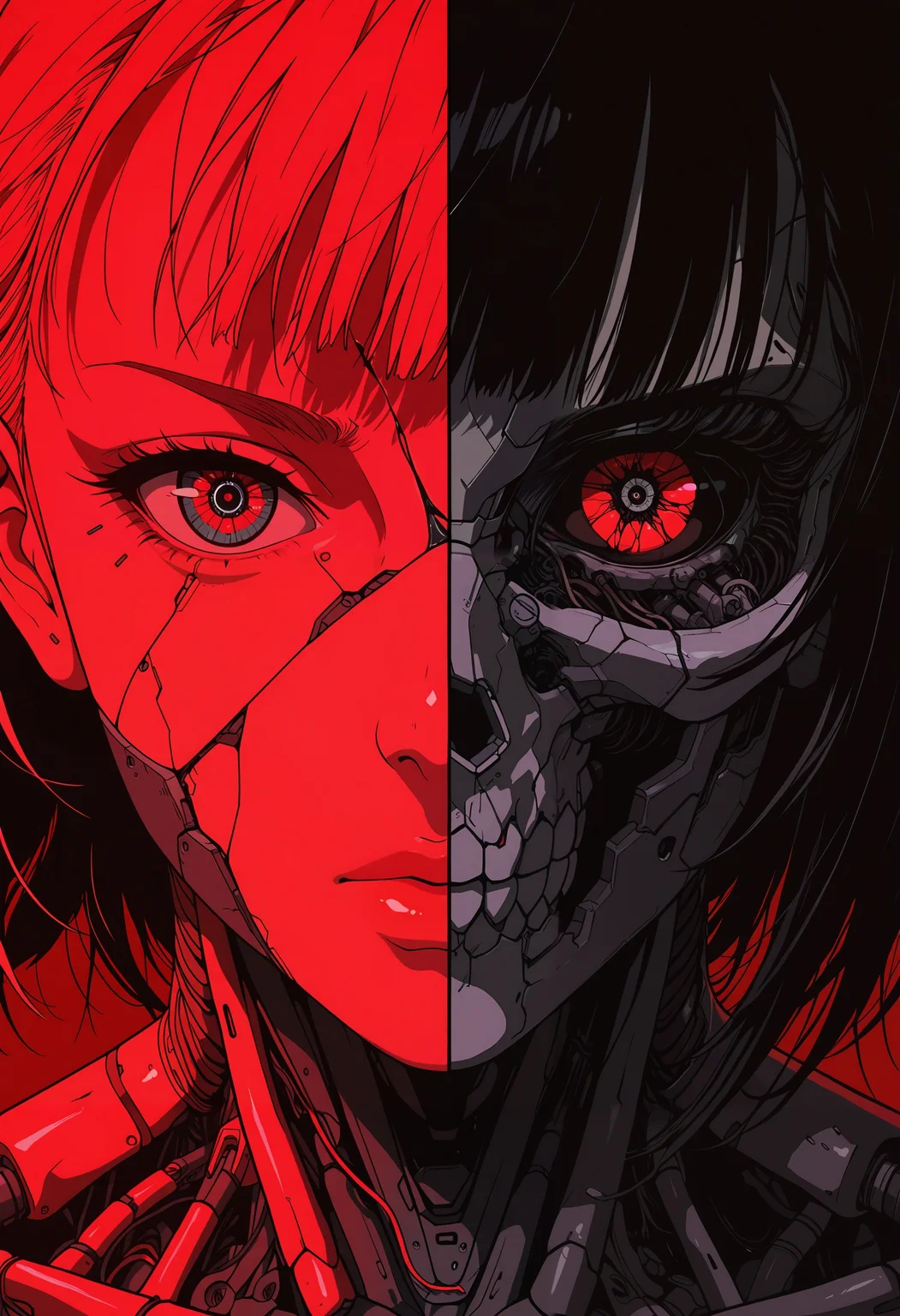 masterpiece, best quality, good quality, very aesthetic, absurdres, newest, 8K, depth of field, focused subject, manga style, comic art style, line art, red, black and white, monochrome, high contrast, ink drawing aesthetic, splatter effects, closeup portrait, face focus, 1girl, cyborg, split face vertically down the middle, half human-like face, half exposed mechanical skull, left side intense human eye, cracked synthetic skin, detailed linework, right side intricate exposed machinery, large central camera lens eye, wires, circuits, complex mechanisms, cyberpunk, futuristic, damaged look.