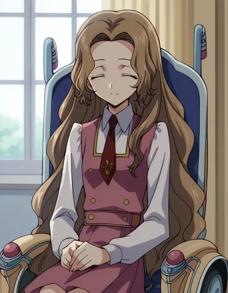 score_9, score_8_up, score_7_up, source_anime,
nunnallylamperouge, <lora:nunally-lamperouge-s1-ponyxl-lora-nochekaiser:1>,
nunnally lamperouge, long hair, brown hair, very long hair, closed eyes,
long sleeves, dress, school uniform, necktie, red necktie, ashford academy school uniform, wheelchair,
indoors, sitting, classroom, smile,
looking at viewer, dutch angle, cowboy shot, solo,