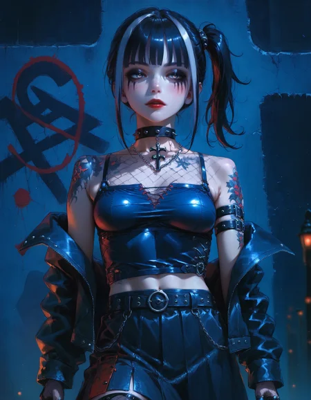 score_9, score_8_up, score_7_up, rating_suggestive, 1girl, sleek [goth|punk] girl, realistic, from below, in the alleyway, standing, (sensual model pose:1.1), looking away, gothic mascara, (fishnet shirt:1.25), bangs over eyes, side ponytail, bored expression, 
BREAK 
cool stylish woman, half-closed eyes, large breasts, black hair, (long messy goth hairstyle:1.1), narrow waist, slim legs, (anorexic), pale skin, (white streaked hair:1.1), detailed skin, (covered gothic shoulder tattoos:1.15), combat boots, floral filigree, [black|red] (lipstick:0.8), 
BREAK 
open jacket, oversized emo top, (thigh-high stockings), unbuttoned, (long skirt, off-shoulder:1.15), (silk clothing), choker, (goth:1.1) (emo:0.85) \(clothing\), (decorative belts:1.1), goth eyeliner, thigh strap, arm belts, oversized sleeves, (short tank top:1.1), EyeDetail, 
BREAK 
(amazing quality, intricate detail:1.2), detailed background, glowing graffiti on walls, (red light:1.1), low light, eye lighting, (darkness:1.1), (43stl1ght1ng:1.1), ultra-highres, subtle blush, (depth-of-field), slightly parted lips, cross pendant, 1dk, 
<lora:43stl1ght1ngXLP2:0.65>, <lora:Pony_DetailV2.0:1.55>, <lora:1dkXLP:0.6>