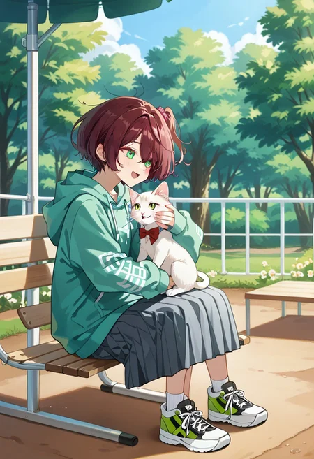 score_9, score_8_up, score_7_up, score_6_up, score_5_up, score_4_up, detailed eyes, detailed skin, source_anime, source_anime, masterpeice, best quality, very aesthetic, absurdres, BREAK, Komari_Chika, 1girl, BREAK, hoodie green hoddie, skirt, plated skirt, shoes, BREAK, outdoors, outside, playground, benach, cat, sitting, cat on lap, holding cat, joy, happy,