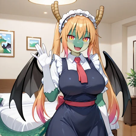 1girl, highres, absurdres, newest, masterpiece, best quality, furry, furry_female, Tohru_kobayashi, dragon, (snout, scales, green skin, green scales), black wings, horns, tail, yellow eyes, black slit pupils, green scales, scales, Tohru_(Maidragon), blonde_hair, long_hair, gradient_hair, twintails, maid_headdress, blue_dress, red_necktie, puffy_short_sleeves, white_gloves, elbow_gloves, collared_shirt, frills, detailed eyes, (standing, waving), open_mouth, open mouth smile, luxurious detailed room, bright room, day scene, professional lighting, white bed, solo, bedroom, smiling, seductive, looking_at_viewer, masterpiece, close up, safe