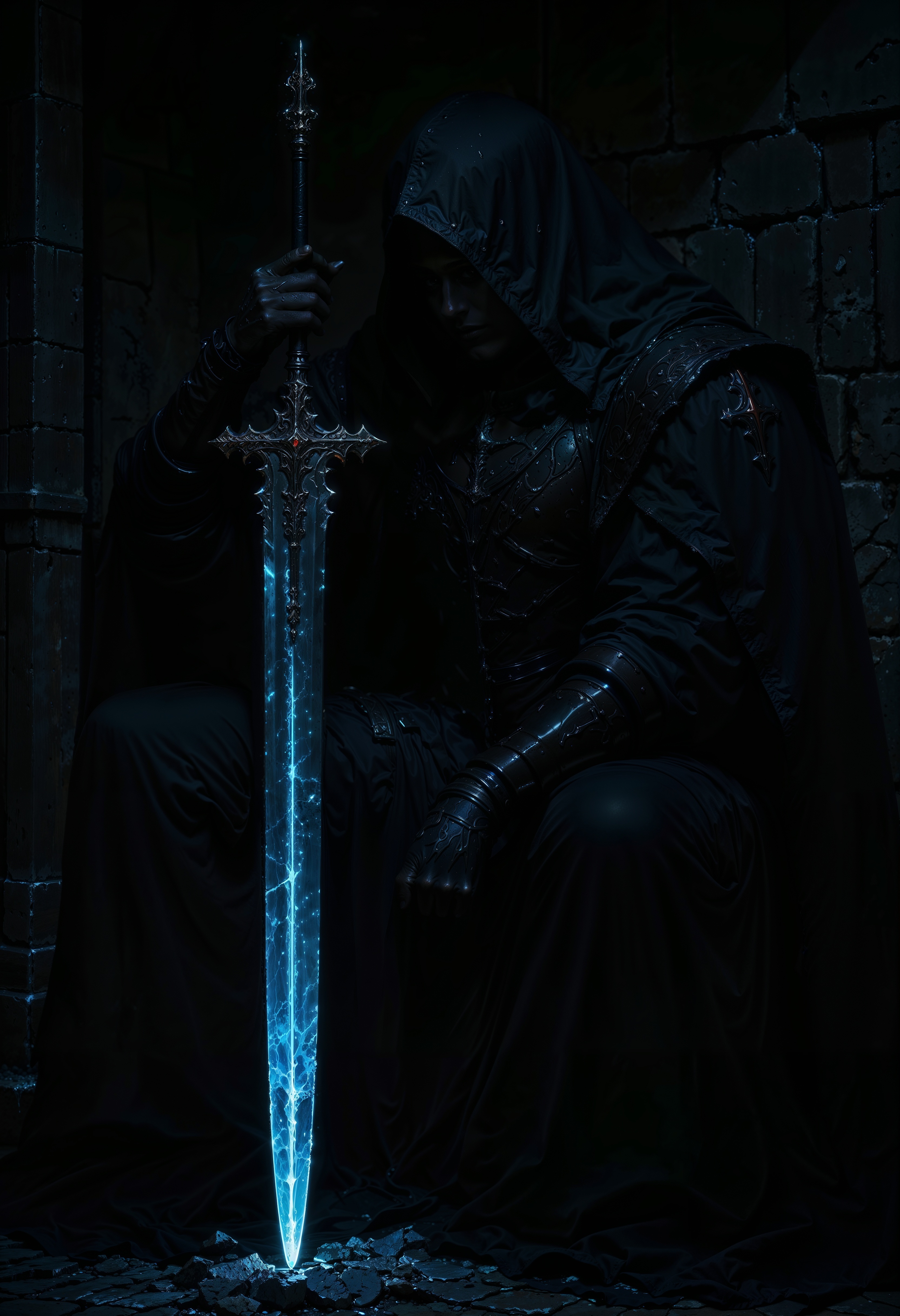 close up, a mysterious, hooded figure holding a large glowing sword. The style is dark and atmospheric, with a focus on shadows and light. The figure is cloaked in a tattered, dark robe that obscures its face, creating an enigmatic and ominous presence. The sword is the focal point, emitting a bright, ethereal blue light that contrasts sharply with the dark background. The background is a textured wall with cracks, adding to the mysterious and ancient feel of the scene. The overall composition is balanced, with the figure positioned slightly off-center, enhancing the dramatic effect of the glowing sword.  <lora:flux.1_lora_flyway_Epic-detail_v2:0.85> <lora:FluxMythAn1meL1nes:0.8> <lora:MoriiMee_Gothic_Niji_Style__FLUX_LoRA_Test_2:0.65>