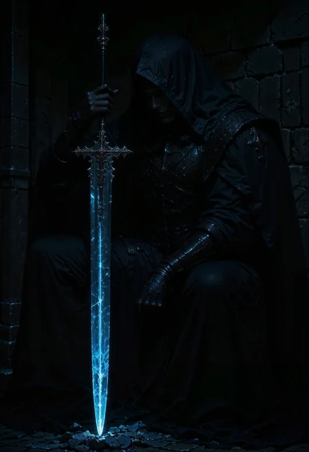 close up, a mysterious, hooded figure holding a large glowing sword. The style is dark and atmospheric, with a focus on shadows and light. The figure is cloaked in a tattered, dark robe that obscures its face, creating an enigmatic and ominous presence. The sword is the focal point, emitting a bright, ethereal blue light that contrasts sharply with the dark background. The background is a textured wall with cracks, adding to the mysterious and ancient feel of the scene. The overall composition is balanced, with the figure positioned slightly off-center, enhancing the dramatic effect of the glowing sword. <lora:flux.1_lora_flyway_Epic-detail_v2:0.85> <lora:FluxMythAn1meL1nes:0.8> <lora:MoriiMee_Gothic_Niji_Style__FLUX_LoRA_Test_2:0.65>